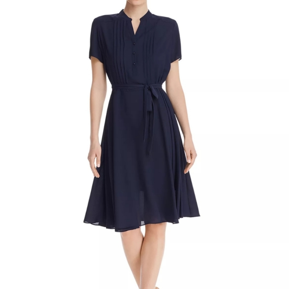 Nanette Lepore Shirt Dress Pintuck Pleat Belted Short Sleeve Button A-Line